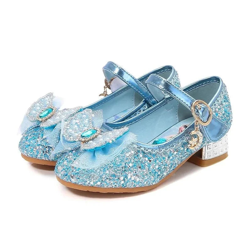 Pink and blue Disney Frozen Elsa girls' princess sandals with high heels, children's footwear featuring Frozen-themed design.