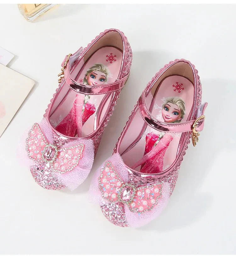 Pink and blue Disney Frozen Elsa girls' princess sandals with high heels, featuring Elsa's design and playful children's footwear style.
