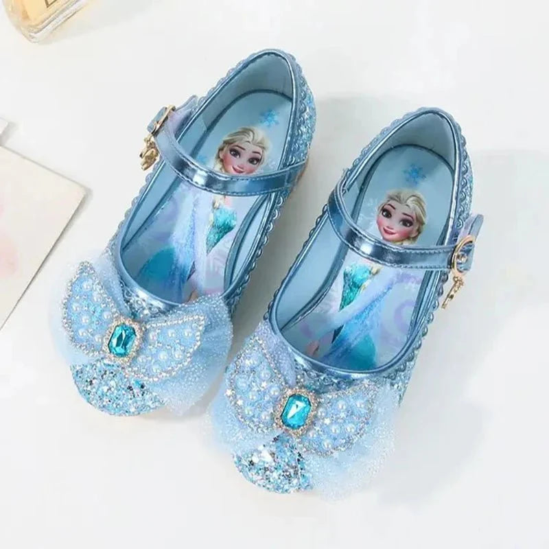 Pink and blue Disney Frozen Elsa girls' princess sandals with high heels, featuring Elsa and snowflake designs.