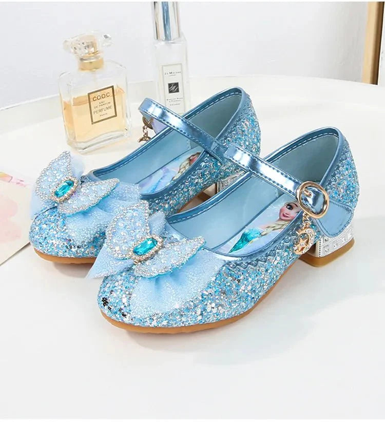 Pink and blue Disney Frozen Elsa girls' princess sandals with high heels, featuring character designs for children's fashion.