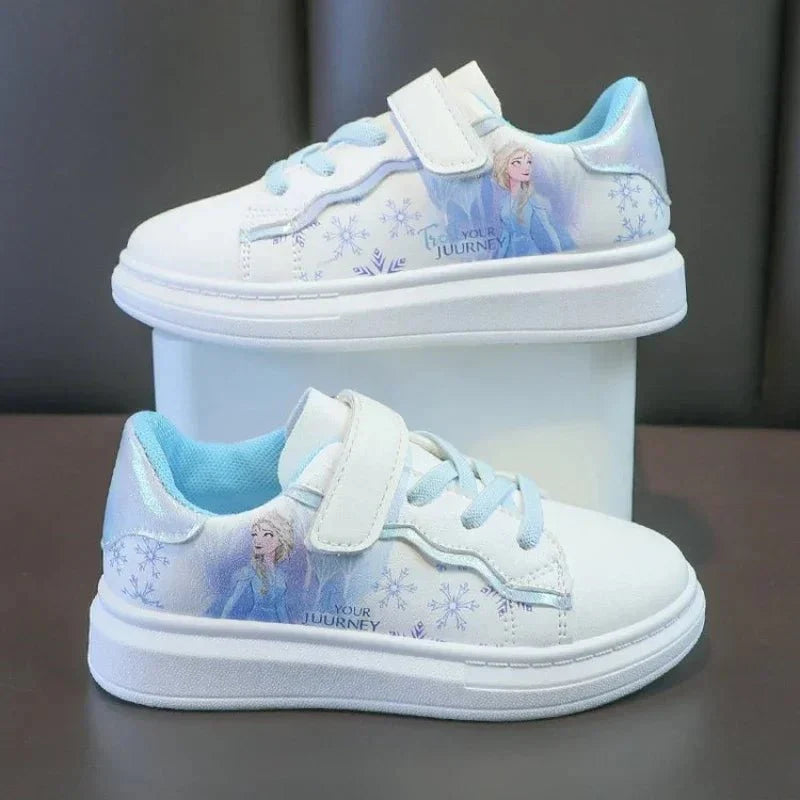 Disney Frozen Elsa girls sneakers with anti-slippery soles, featuring icy blue design and Elsa princess graphics for kids' casual sports shoes.