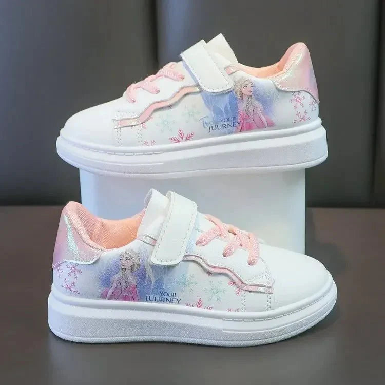 Disney Frozen Elsa girls sneakers with colorful design, anti-slippery soles, casual sport shoes for kids and teens.