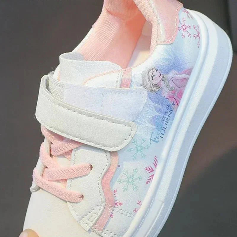 Disney Frozen Elsa girls sneakers with anti-slippery soles, featuring Elsa and Frozen princess design, casual kids sport shoes.