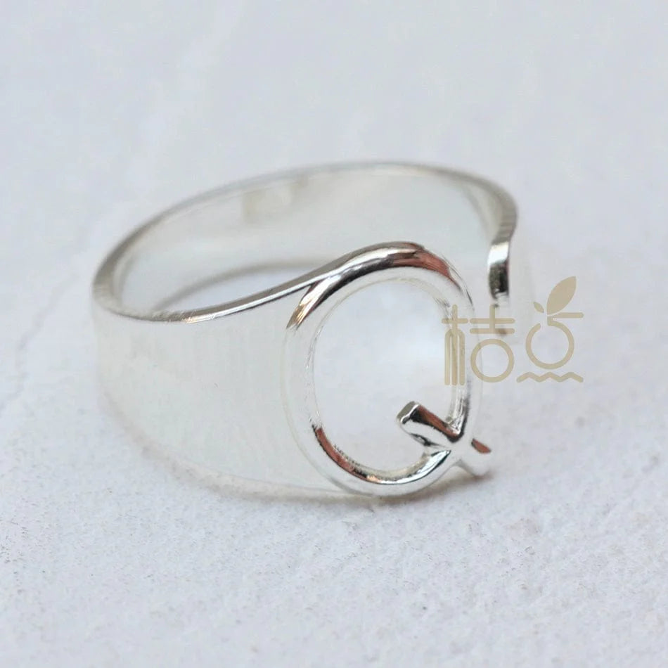 Silver plated open ring with customizable letter ornaments, designed for finger wear and DIY jewelry crafting.