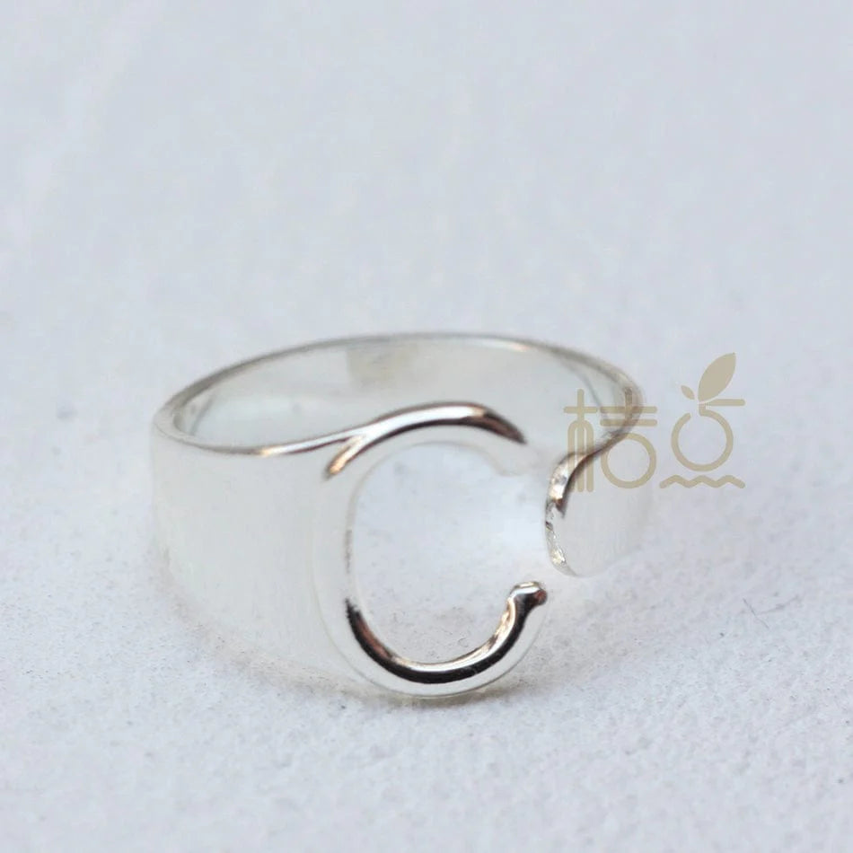 Silver plated open ring with customizable letter ornament, stylish finger ring accessory by Showlu Fashion Store.
