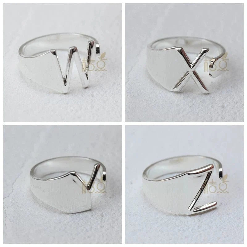 Silver plated open ring with DIY letter ornament, featuring customizable letter design for finger jewelry.