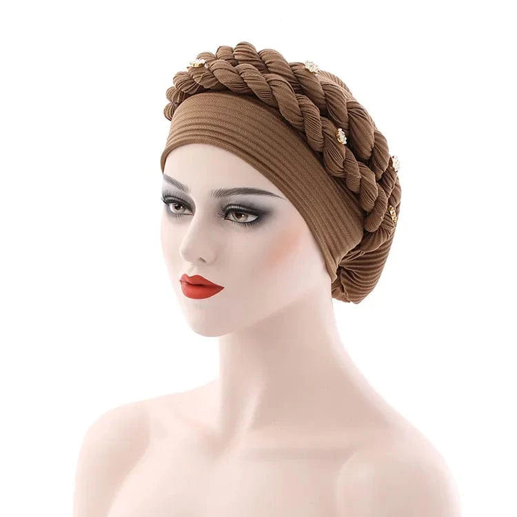 Showlu Fashion double braid diamond halo turban cap for women, chemo beanie bonnet covering hair loss with stylish African head wrap design.
