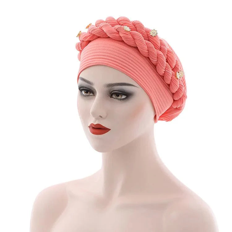 Showlu Fashion Double Braid Diamond Halo Turban Cap, chemo beanie bonnet for women with hair loss, African head wrap style.