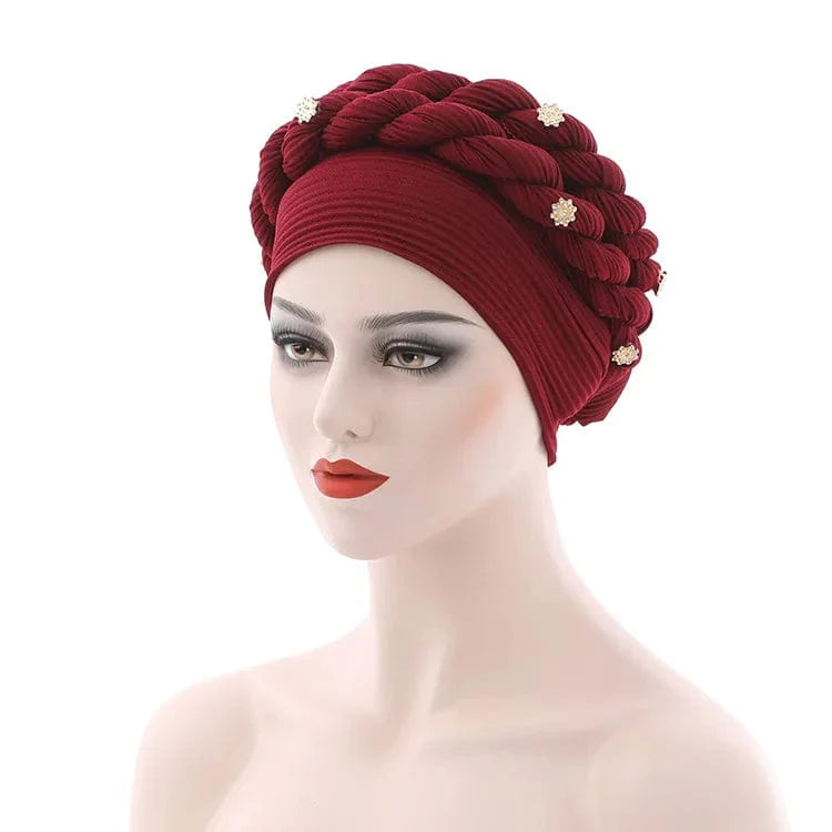 Showlu Fashion double braid diamond halo turban cap, chemos beanie bonnet for women, hair loss cover, African head wrap style.