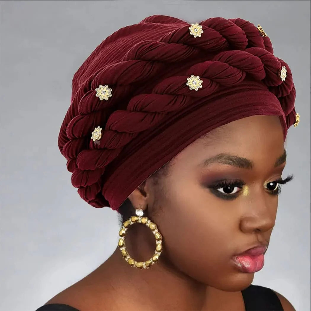 JJYANJIN Double Braid Diamond Halo Turban Cap by Showlu Fashion, stylish chemo beanie bonnet for women with hair loss, African head wrap