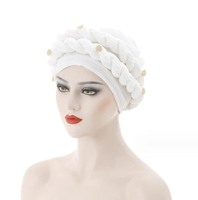 Showlu Fashion JJYANJIN double braid diamond halo turban cap for women, chemo beanie bonnet with elegant African head wrap design.