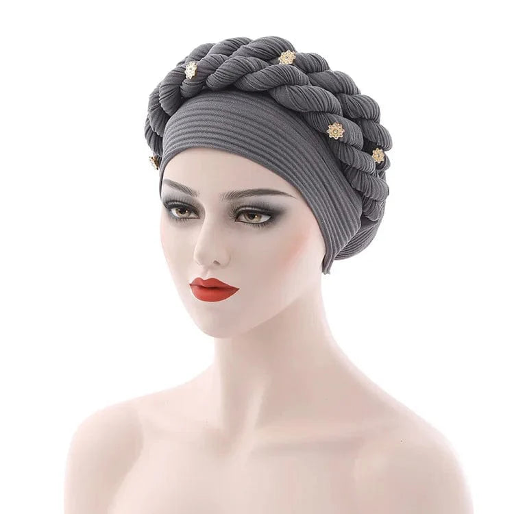 Showlu Fashion Double Braid Diamond Halo Turban Cap, a stylish chemo beanie bonnet for women with hair loss, featuring African-inspired design.