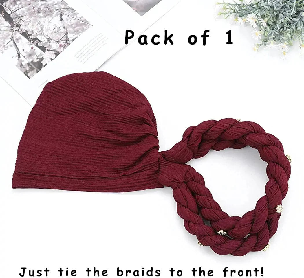Showlu Fashion Double Braid Diamond Halo Turban Cap, a stylish chemo beanie bonnet for women with hair loss, African head wrap style.