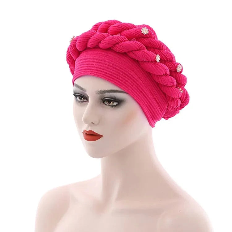 Showlu Fashion Double Braid Diamond Halo Turban Cap for women, chemo beanie bonnet with elegant African head wrap design.