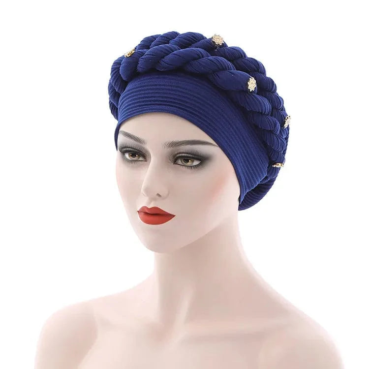 Double braid diamond halo turban cap by Showlu Fashion, stylish chemo beanie and hair loss cover for women with elegant African head wrap style.