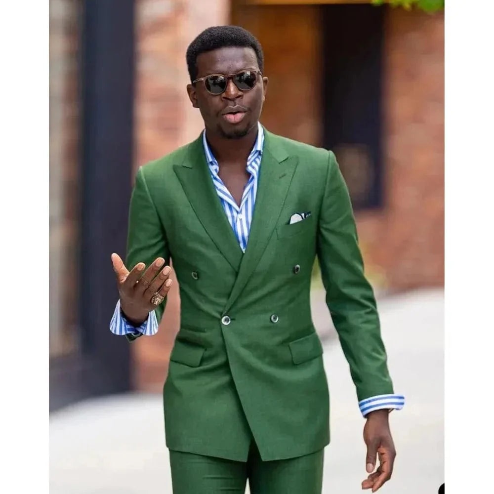 Green men's double-breasted slim fit suit by SHOWLU FASHION with matching jacket and pants, perfect for formal events and parties.