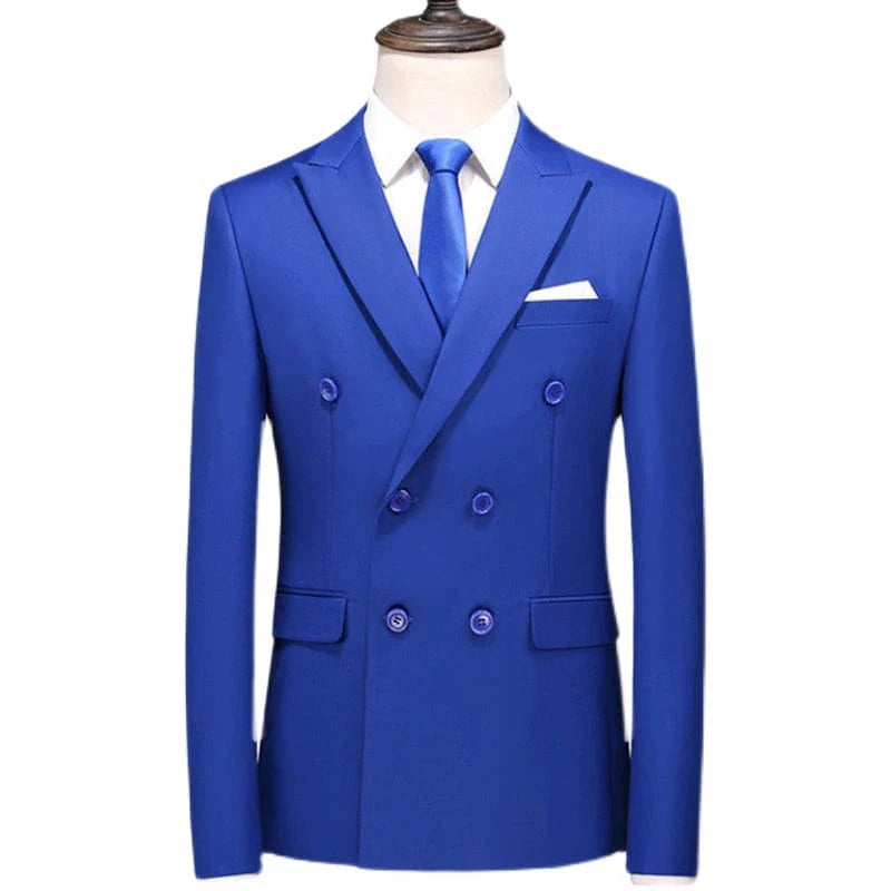 Showlu men's double-breasted slim-fit summer suit, tailored for business and leisure, displayed on a hanger with a modern design.
