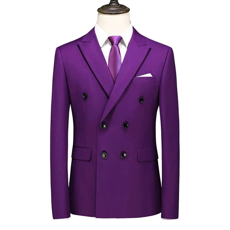 Showlu men's double-breasted slim-fit summer suit with a professional and leisure look, featuring tailored lapels and lightweight fabric.