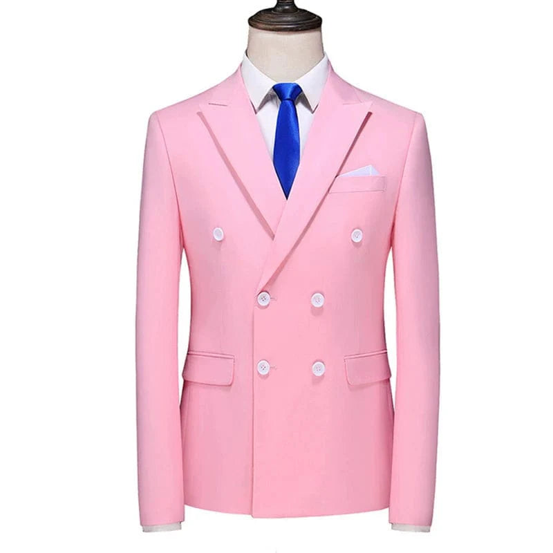 Showlu men's double-breasted slim-fit summer suit in navy, featuring professional lapels and tailored design for business or leisure.