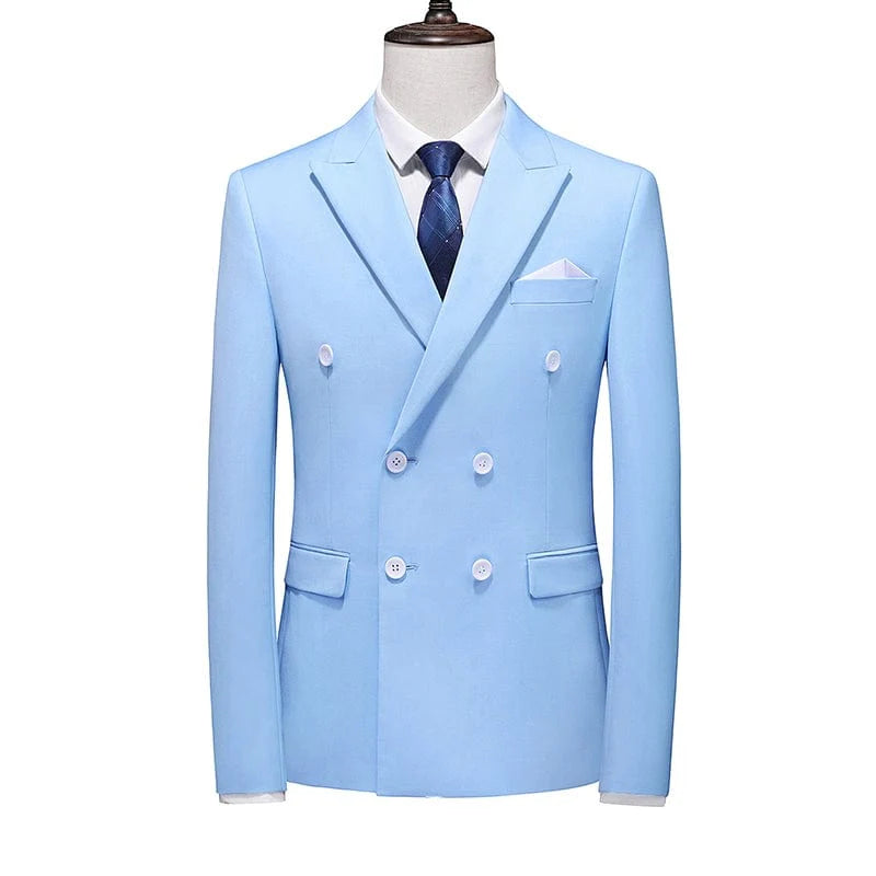 Showlu Men's double-breasted slim-fit summer suit in navy, suited for business or leisure with a professional look.
