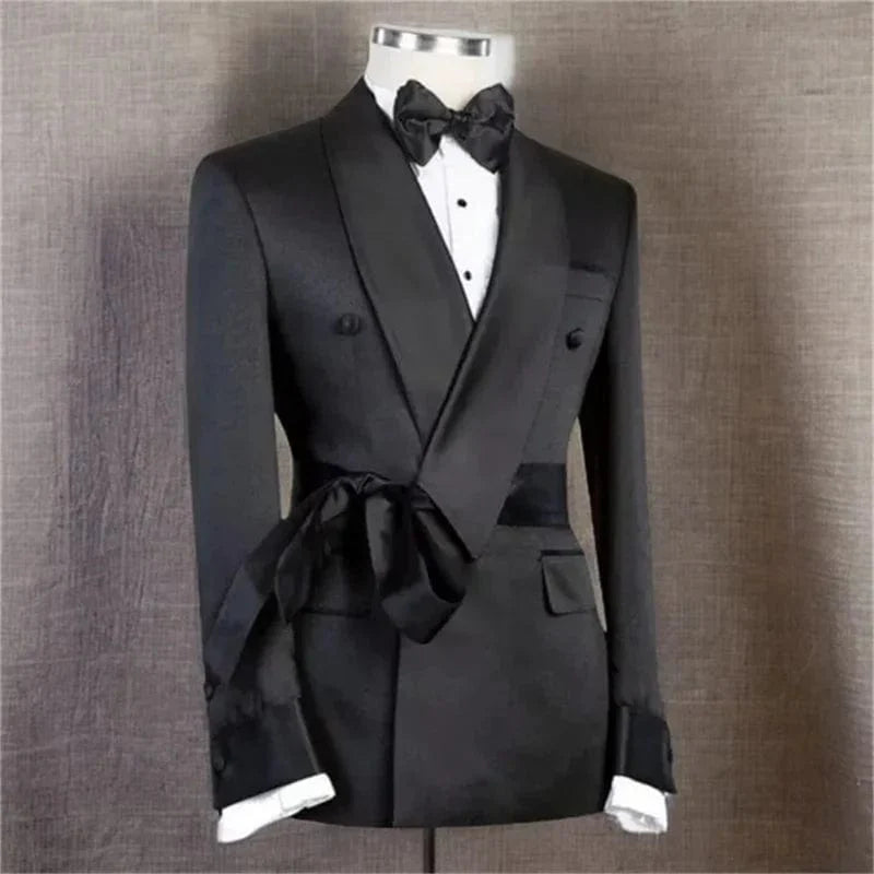 Men's slim fit double-breasted suit jacket by SHOWLU FASHION STORE, formal wedding blazer with shawl lapel and belt detail.
