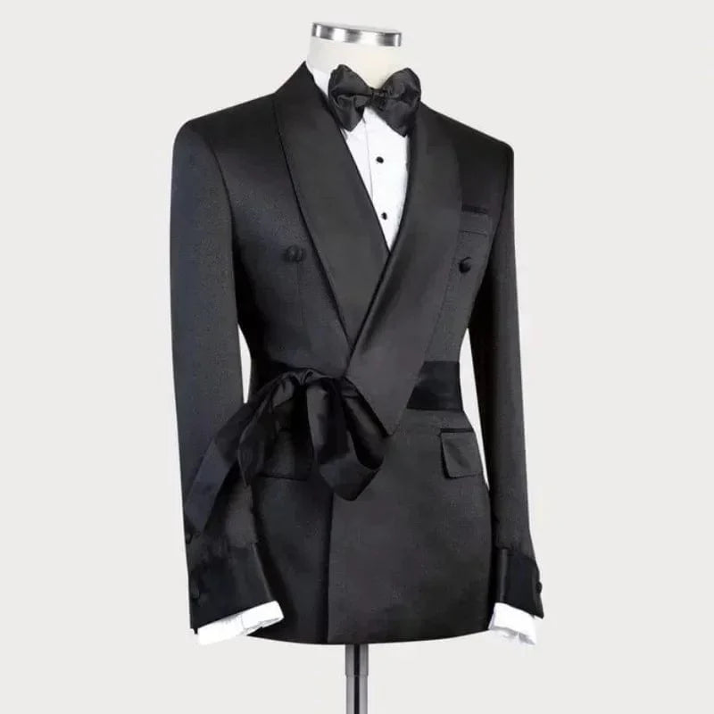 Men's slim fit double-breasted suit jacket by SHOWLU FASHION STORE, formal wedding blazer with shawl lapel and belt detail, black color.