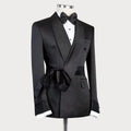 Men's slim fit double-breasted suit jacket by SHOWLU FASHION STORE, formal wedding blazer with shawl lapel and belt detail, black color.