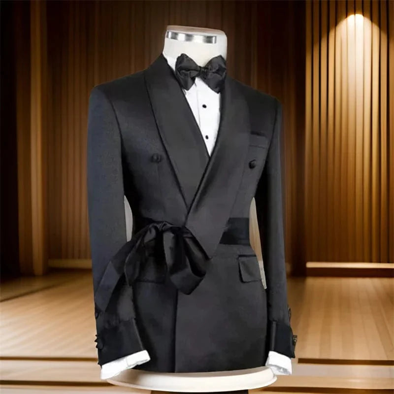 Men's slim fit double-breasted suit jacket by SHOWLU FASHION STORE, formal wedding blazer with shawl lapel and belt detail.