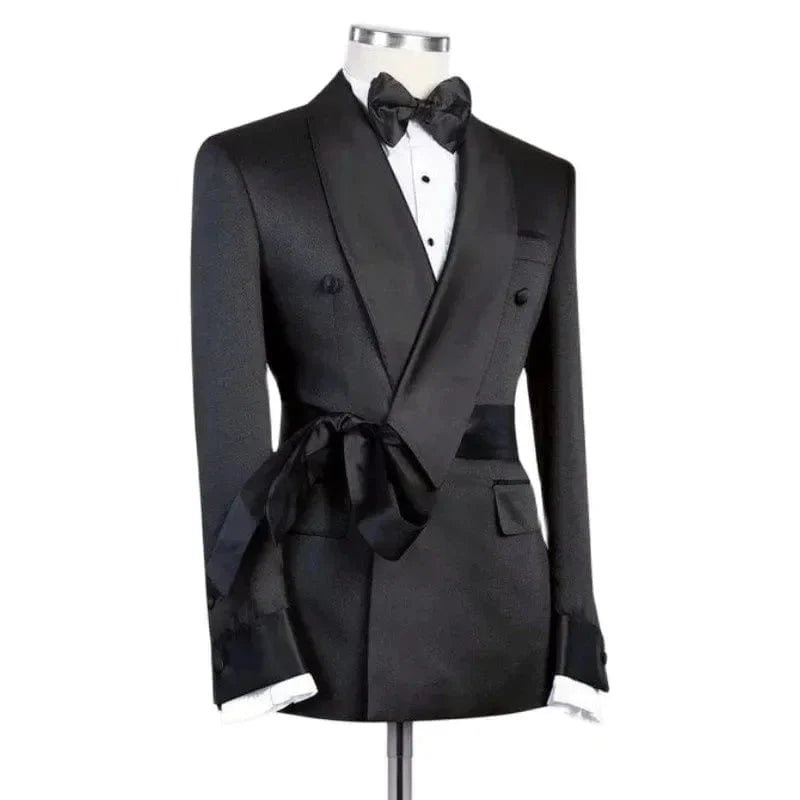 Men's slim fit double-breasted suit jacket by SHOWLU FASHION STORE, formal wedding blazer with shawl lapel and belt detail.
