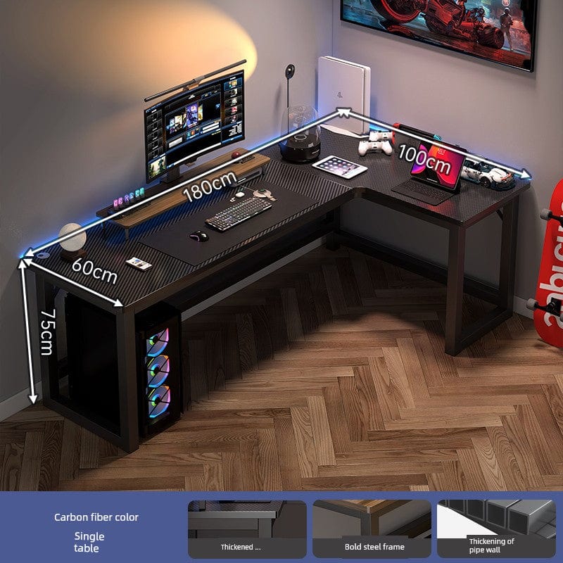 L-shaped corner computer desk with bookshelf, showing double desktop surfaces and storage shelves, designed for efficient workspace.