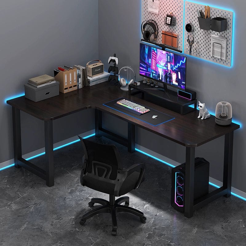 L-shaped corner computer desk with bookshelf in natural wood finish, featuring double desktop surfaces and ample storage space.