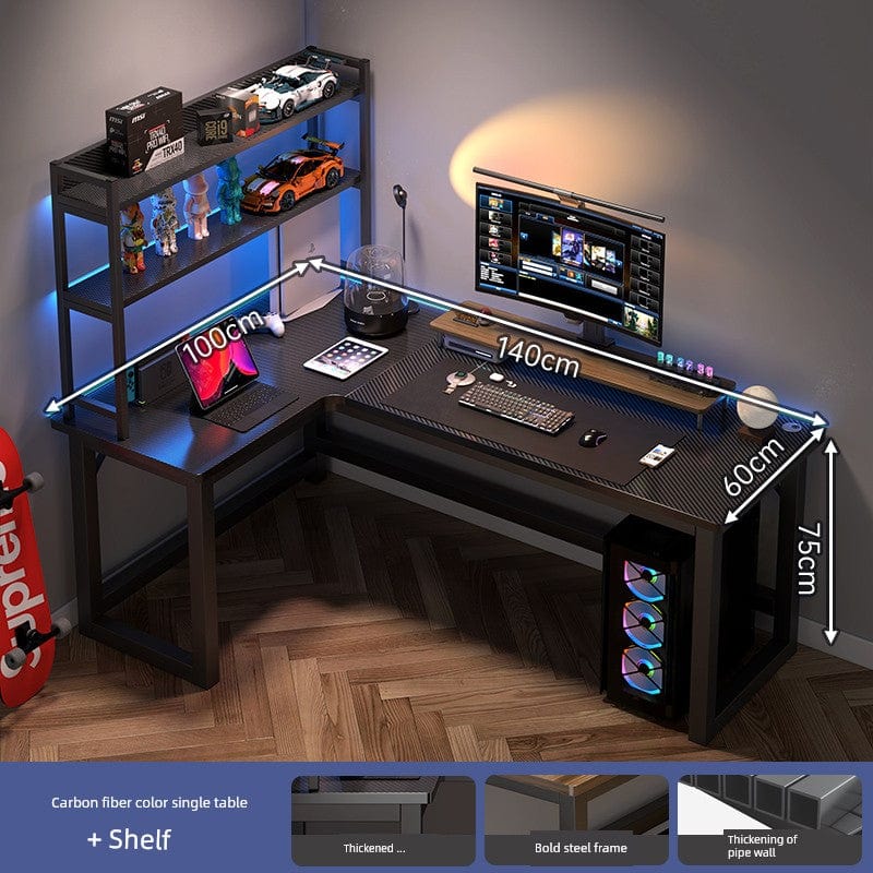 L-shaped corner computer desk with bookshelf, showing double desktop and modern design in a home office setting