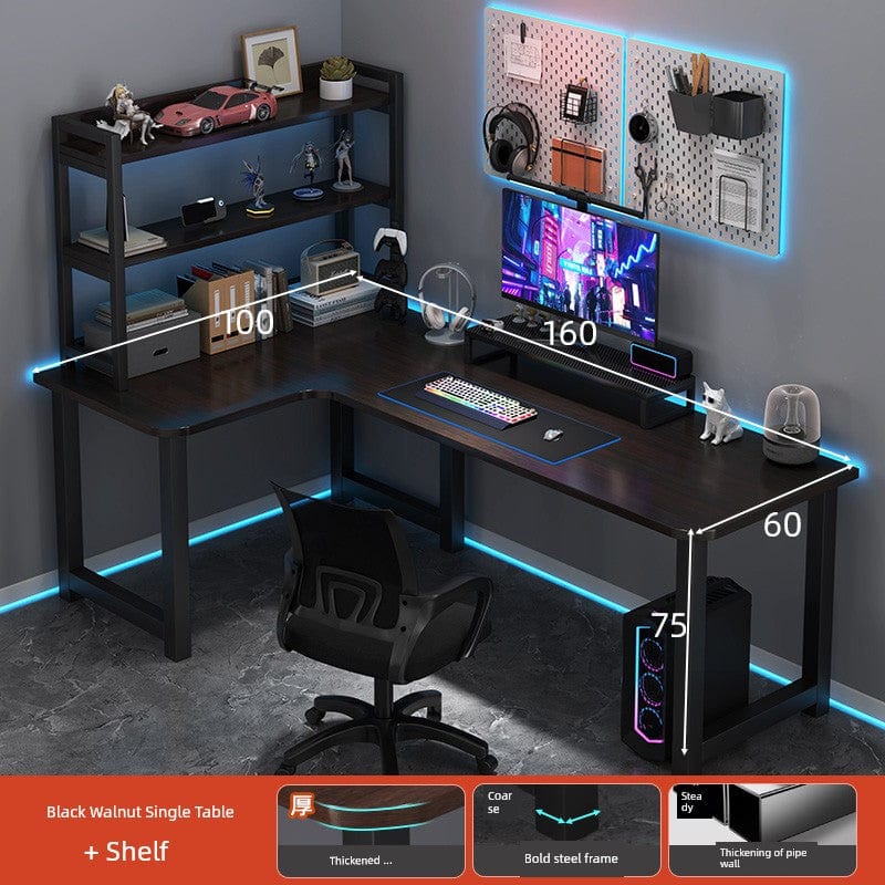 L-shaped corner computer desk with integrated bookshelf, shown in dark wood finish, ideal for home or office workspace.