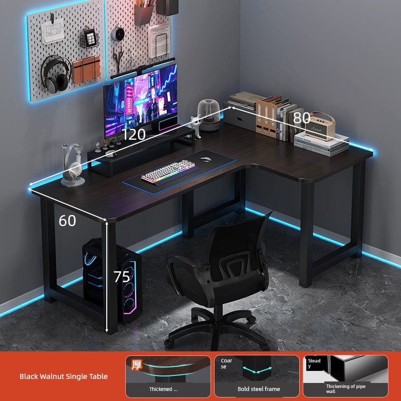 L-shaped corner computer desk with attached bookshelf and double desktop, shown in a modern design for home or office use.