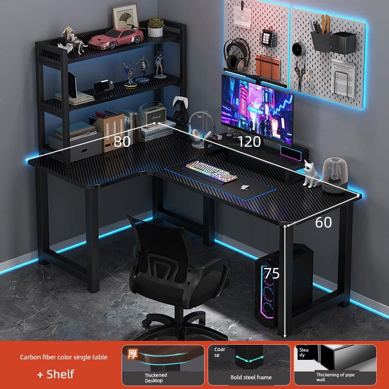 L-shaped corner computer desk with bookshelf and double desktop, showing a modern design in a home office setup.