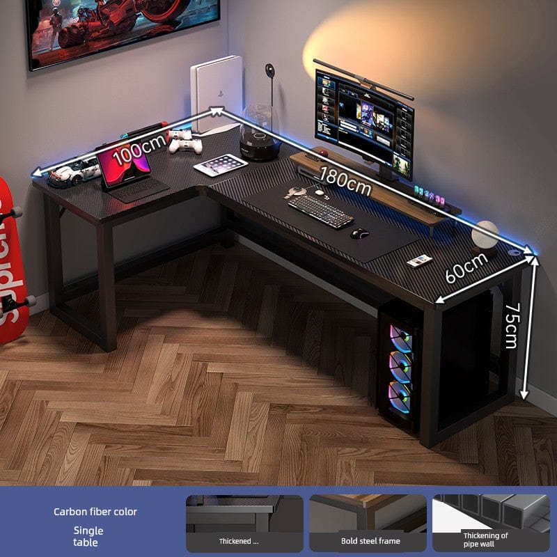 L-shaped corner computer desk with bookshelf in black, featuring double desktops and storage, ideal for home office setup.