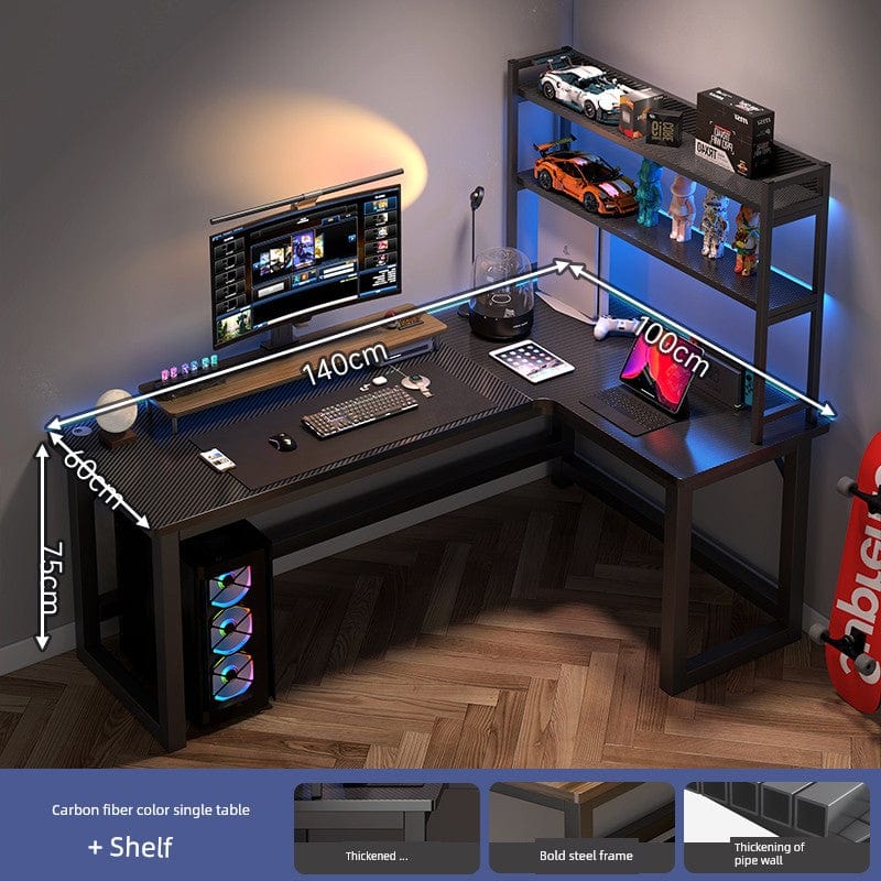 L-shaped corner computer desk with bookshelf in dark wood finish, featuring dual desktops and storage shelves, model DNZ33.