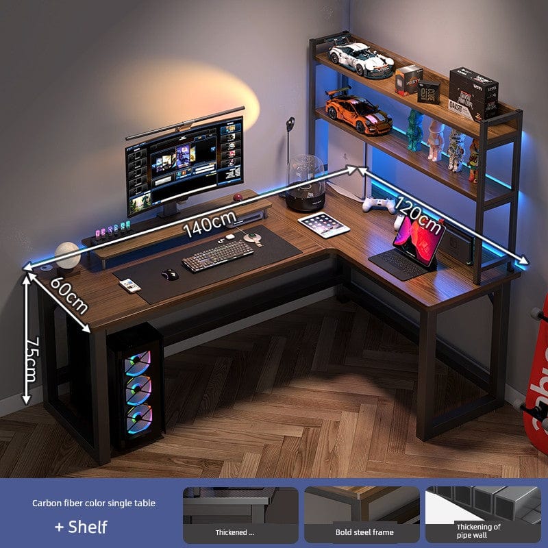 Zhong Jing L-shaped corner computer desk with integrated bookshelf and double desktop for workspace organization.