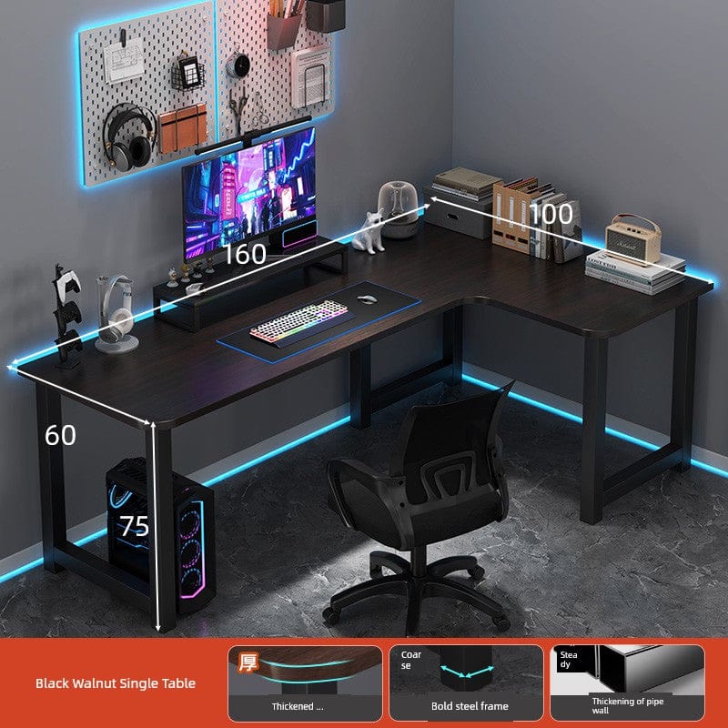 L-shaped corner computer desk with bookshelf and double desktop, designed for efficient workspace and organization.