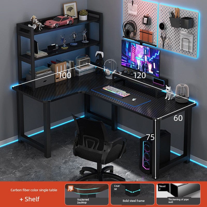 L-shaped corner computer desk with bookshelf in natural wood finish, featuring dual desktops and storage for a modern workspace.