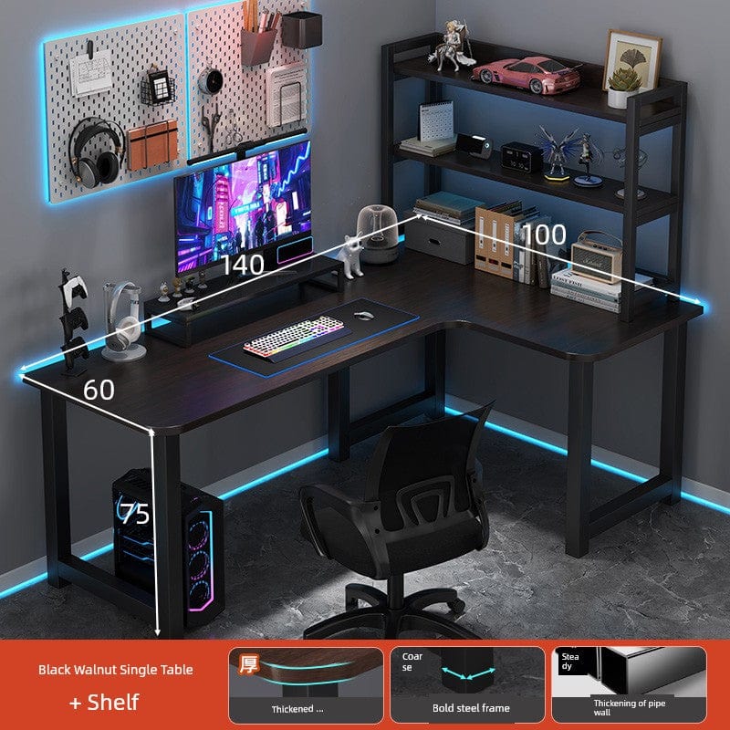 L-shaped corner computer desk with integrated bookshelf, showing double desktop surfaces and modern design for home or office use.