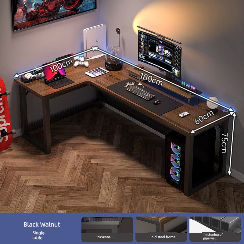 L-shaped corner computer desk with bookshelf and double desktop, shown in a modern home office setup by SHOWLU FASHION STORE