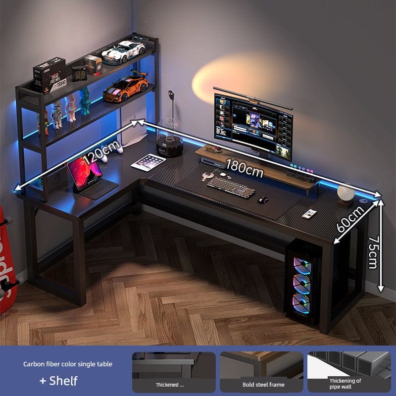 L-shaped corner computer desk with bookshelf in natural wood finish, featuring dual desktops and ample storage space.