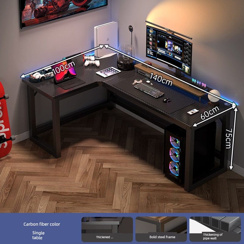 L-shaped corner computer desk with integrated bookshelf and double desktop, shown in a modern home office setup.