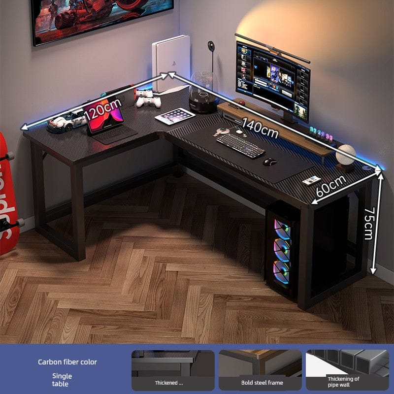 L-shaped corner computer desk with bookshelf, double desktop, in dark wood finish, designed for efficient workspace and storage.