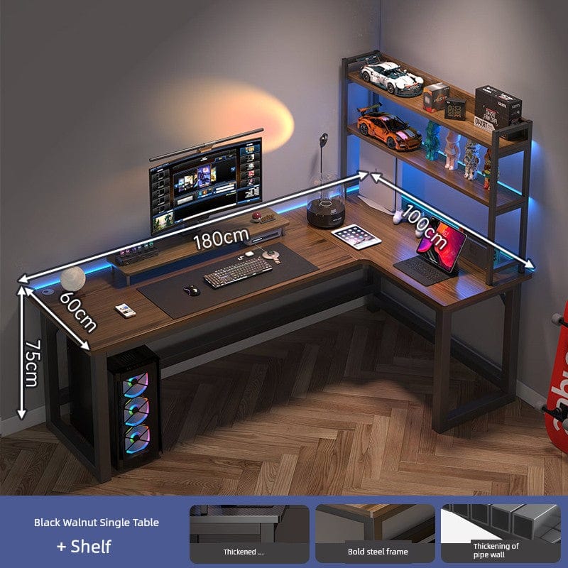 L-shaped corner computer desk with integrated bookshelf from Zhong Jing DNZ33 model, showcasing a double desktop design and wooden finish.