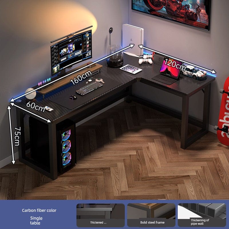 L-shaped corner computer desk with bookshelf by SHOWLU FASHION STORE, featuring double desktops and integrated shelving for workspace.
