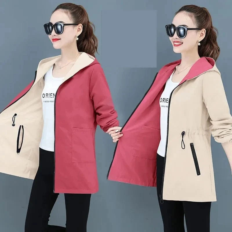 Women's double-sided trench coat by Showlu Fashion, mid-long hooded windbreaker with casual style for spring and autumn.
