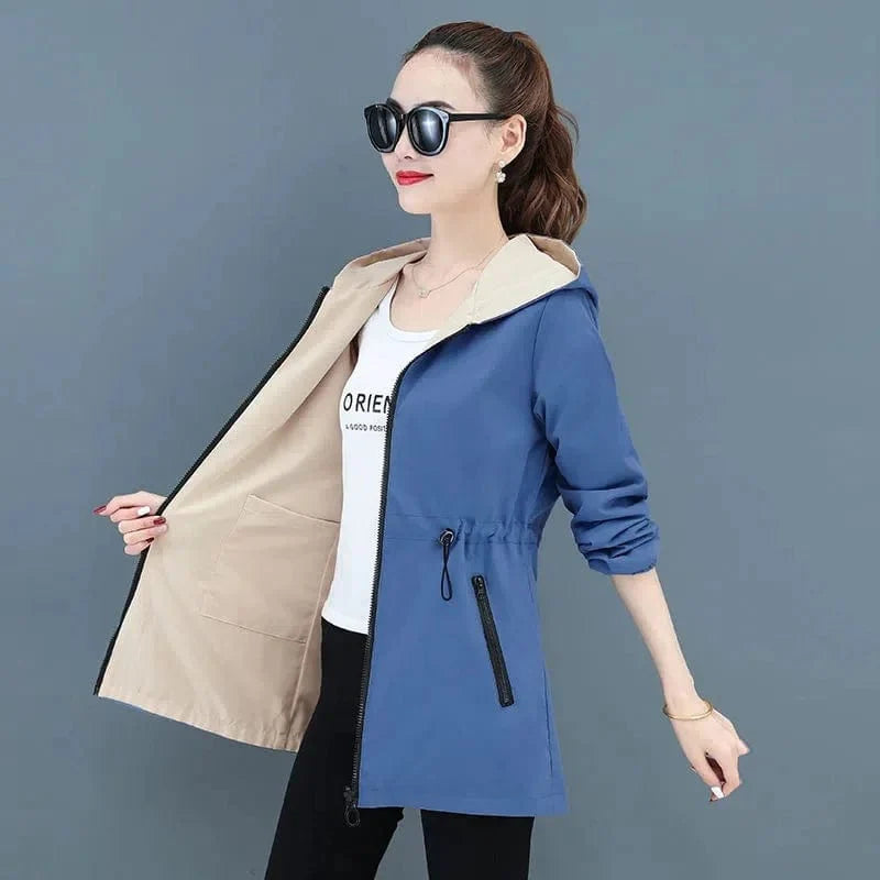 Showlu Fashion women's double-sided trench coat with hood, mid-long windbreaker, casual Korean style, suitable for spring and autumn.