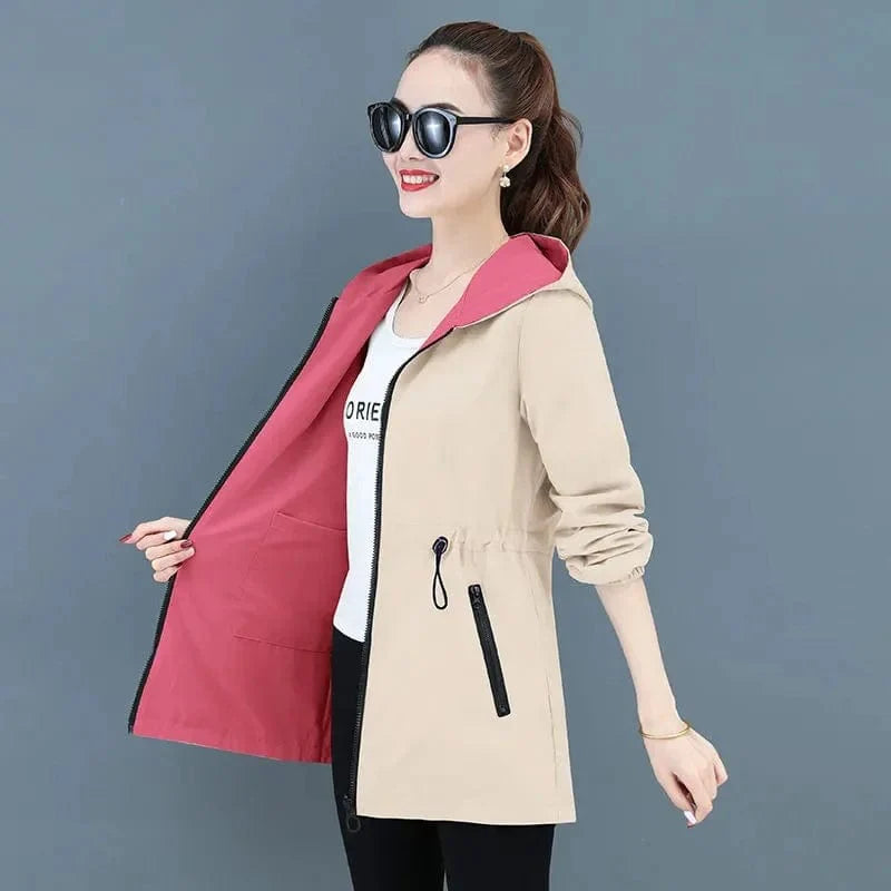 Women's double-sided trench coat by Showlu Fashion, mid-long hooded windbreaker with casual spring-autumn style and loose fit.